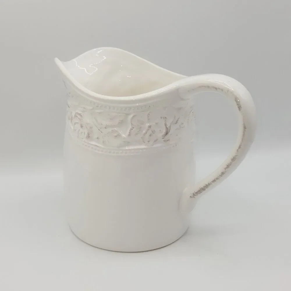 Pfaltzgraff Country Cupboard 7in Vintage Pitcher Vase Ivory Embossed Floral Band